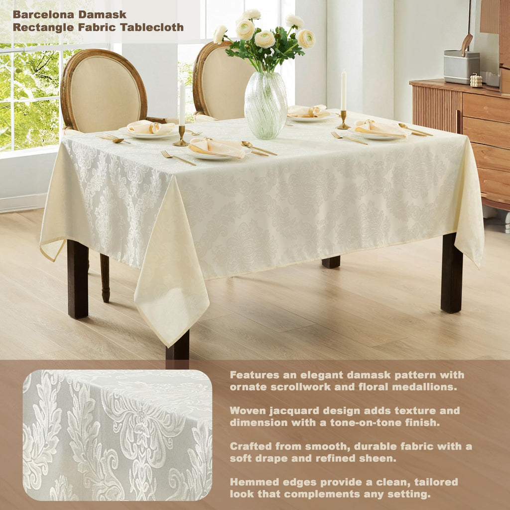 Newbridge Barcelona Luxury Damask Fabric Tablecloth, 60” Wide x 120” Rectangle, Antique White, 100% Polyester, No Iron, Soil Resistant Dining Room, Party and Banquet Table Cover