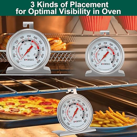 Oven Thermometer for Temperature Gauge, Safe for Inside Gas/Electric/Grill Smoker, Analog Dial Stainless Steel Oven Thermometers with Large Hanger & Baser for Instant Reading in Cooking Baking