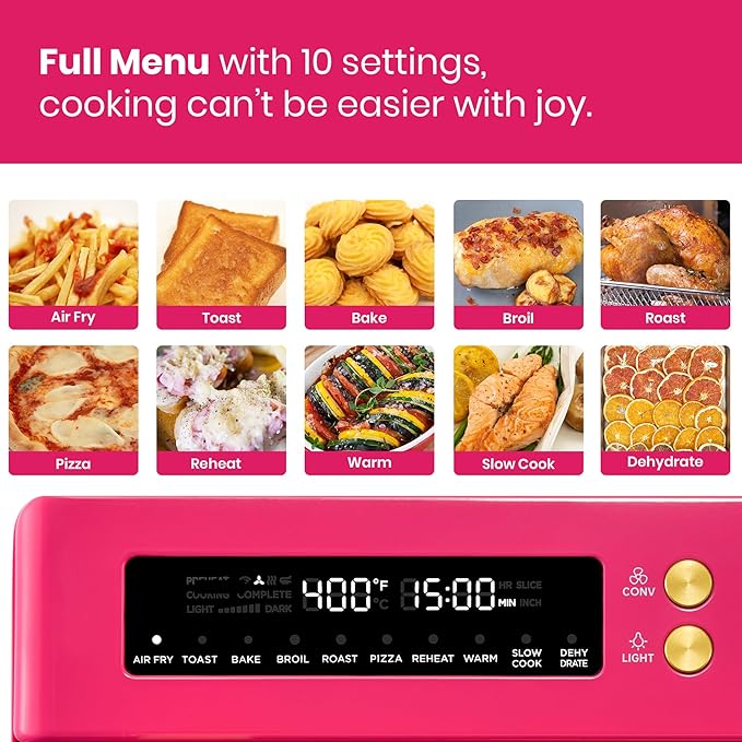 VAL CUCINA 26.3 QT Limited Edition Happy Pink Infrared Heating Air Fryer Toaster Oven, Large Countertop Convection Oven 10-in-1 Combo, 6-Slice Toast, Enamel Baking Pan Easy Clean with Recipe Book