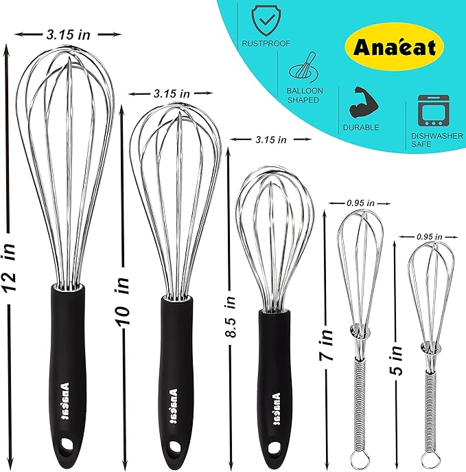 Anaeat Stainless Steel Kitchen Whisk Set of 5, Milk and Egg Beater Blender with Thick Wire for Whisking, Cooking, Baking, Beating and Stirring - 5"+7" Mini Whisk and 9''+11''+12'' Balloon Whisks