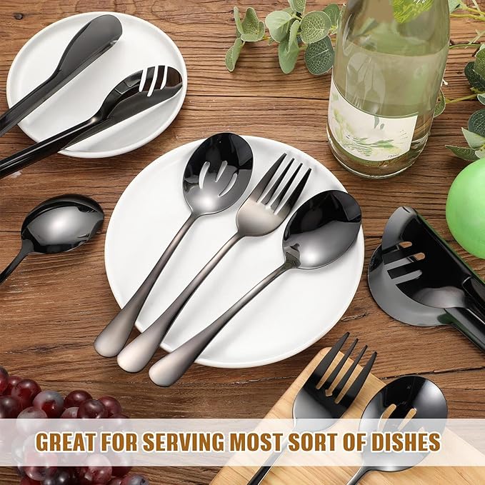 Patelai 15 Pcs Black Stainless Steel Serving Utensil Set 8.7" Large Spoons and Slotted Spoon 9.45" Tong 9" Forks Flatware Wedding Party Restaurant Cooking Kitchen Holiday Buffet Banquet Catering Hotel