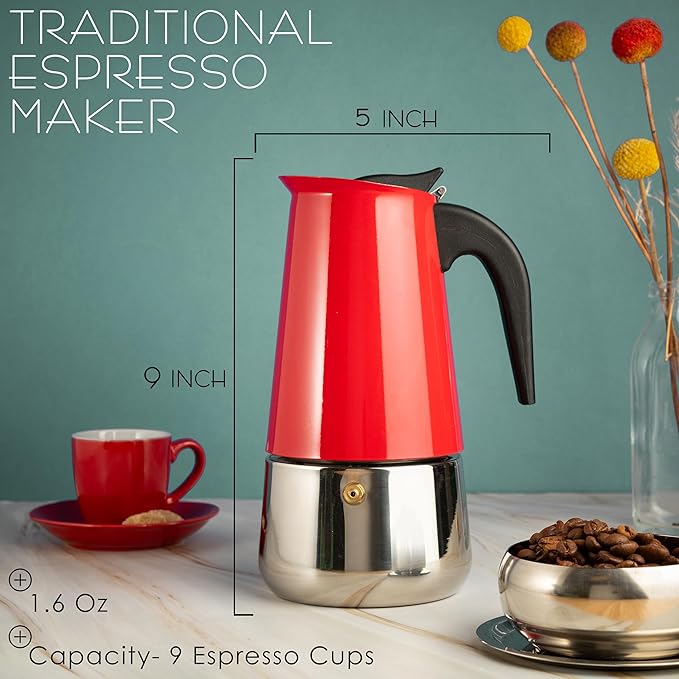 Mixpresso 9 Cup Greca Moka Pot Red Stainless Steel Stovetop Espresso Maker