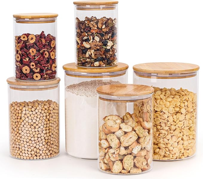 Wnaraa Glass Storage Containers with Lids, Glass Jars with Bamboo Lids, Large Food Storage Jar, Sugar, Pantry Storage Container for Pasta Rice Flour Oats Nuts Tea Spice (Round 27oz*2+54oz*2+100oz*2)
