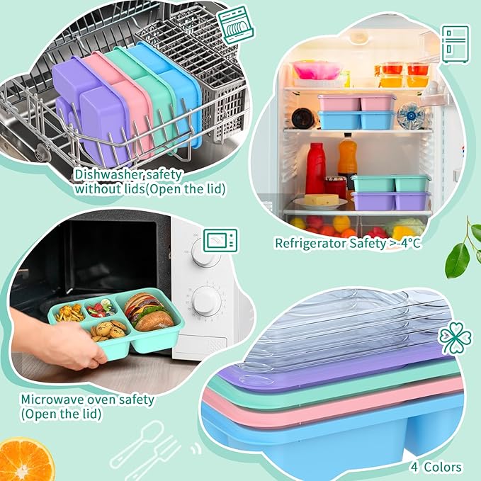 Enstphjoy Bento Lunch Box - 4 Pack, 4-Compartment Meal Prep Containers, Adult Bento Box, Microwave & Dishwasher Safe (PP(Blue))