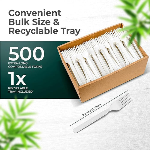 100% Compostable Forks 500 Large biodegradable Disposable Compostable Cutlery Silverware Utensils durable and heat resistant alternative to plastic forks with convenient tray by KOALALOVE