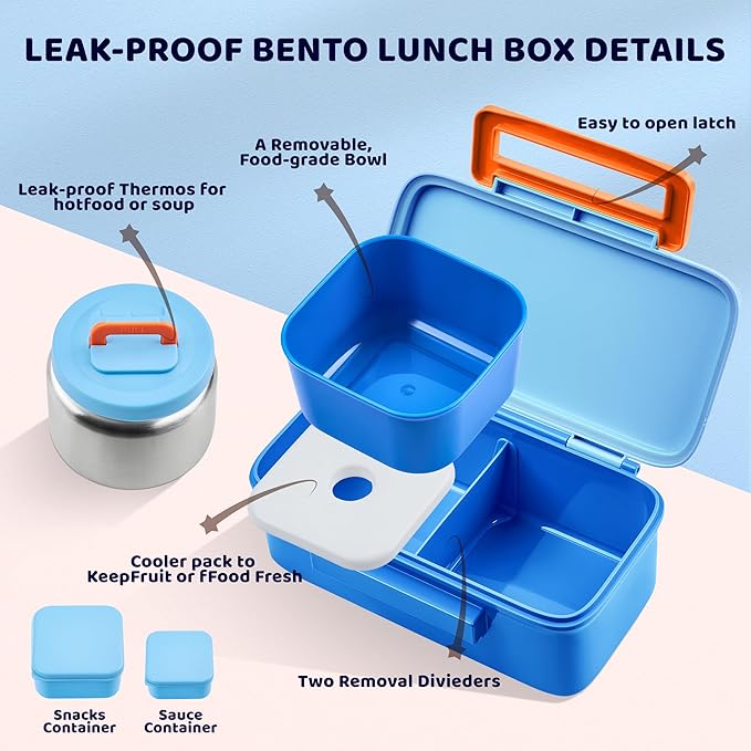 JXXM Lunch Box for Kids With 8oz Soup Thermo, Leak-proof Lunch Container with 2 Compartments, Thermo Food Jar Food Containers for Back to School Girls Boys (Blue)