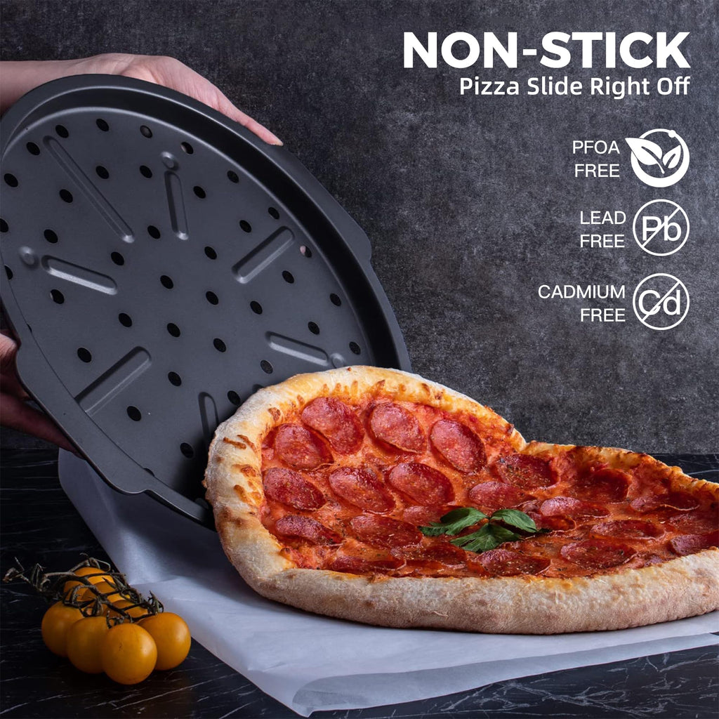 HONGBAKE 2 Pack Pizza Pan with Holes 12 Inch, Nonstick Pizza Tray for Oven with Widen Handles, Hot Air Pizza Crisper Tin, Round Baking Sheet for Frozen & Homemade Pizza, Grey