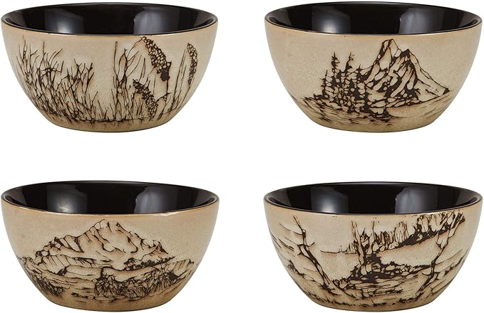 Mossy Oak 16-Piece Stoneware Dinnerware Set, Service for 4 with Dinner Plates, Salad Plates, Bowls and Mugs, Lodge-Style Wildlife Animal Sketch Design, Dishwasher and Microwave Safe