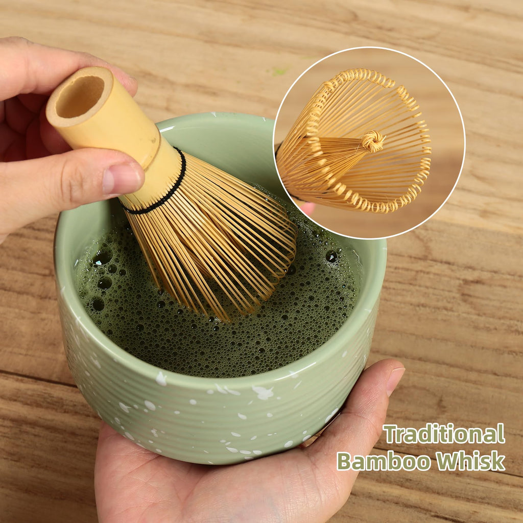 Matcha Whisk Set, Ceramic Matcha Set Includes Matcha Bowl with Spout, Whisk & Holder, Bamboo Scoop, Stainless Sifter, Towel, Matcha Kit Making Tools,Light Green,7 PCS