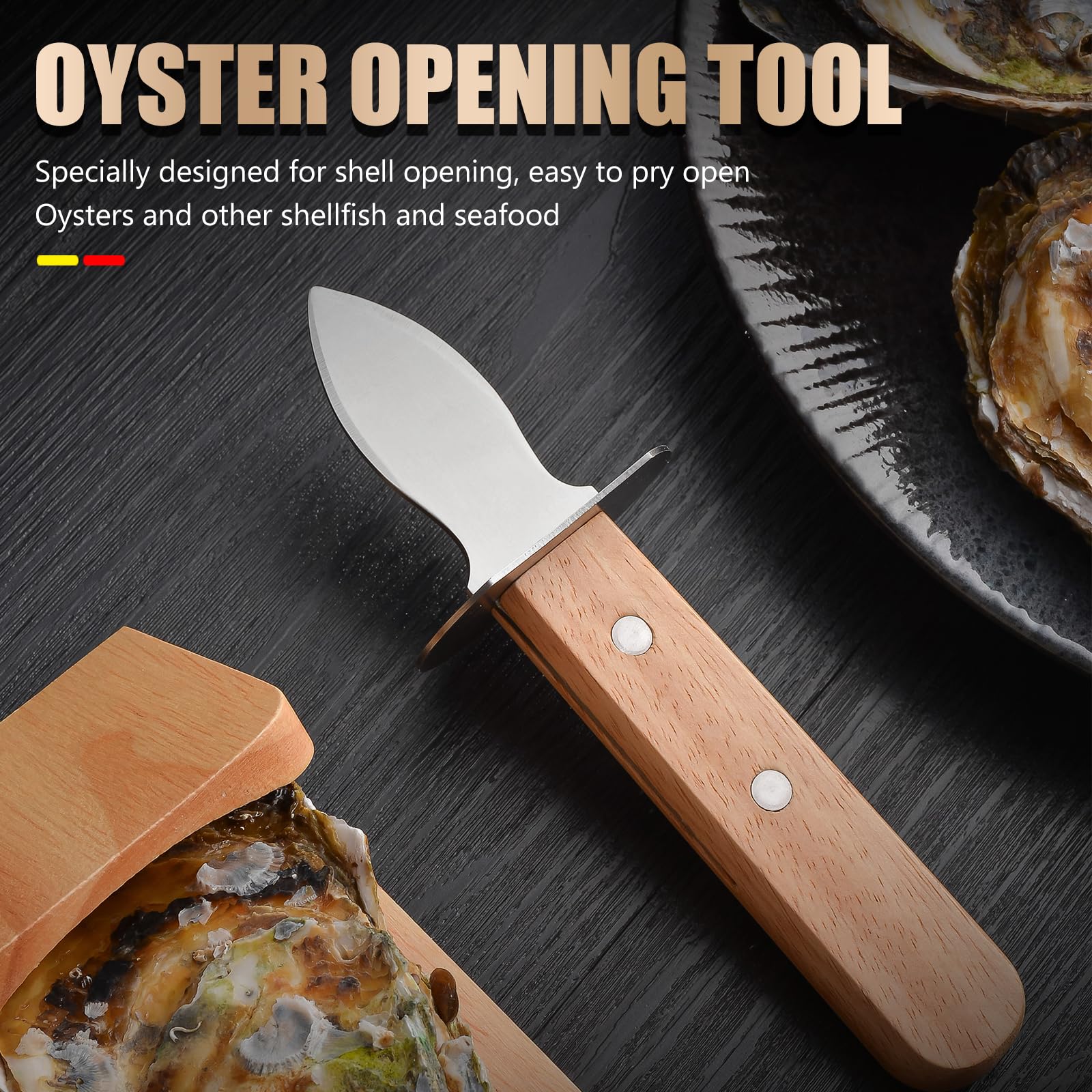StnKitchExplor Oyster Knife Shucker Set Oyster Shucking Knife with Wooden holder Oyster Shucking Clamp Seafood Tools (Brown)