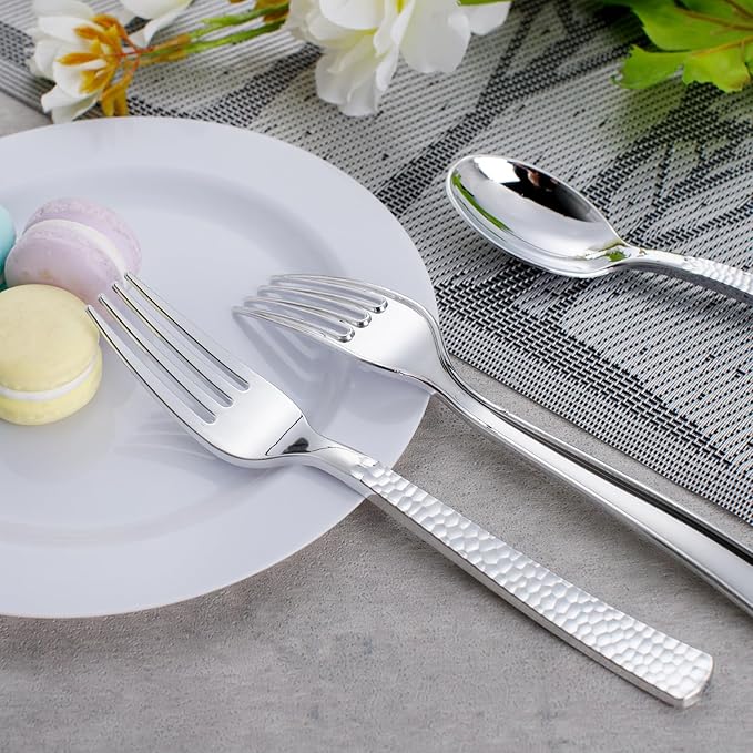 KIRE 400PCS Silver Plastic Forks and Spoons Disposable-Heavy Duty Plastic Silverware Set Silver Spoons and Forks-200 Forks and Spoon for Parties/Birthday/Wedding/Father's Day
