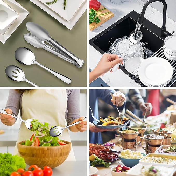 17PCS Serving Spoons and Utensils Set, Stainless Steel Serveware Silver