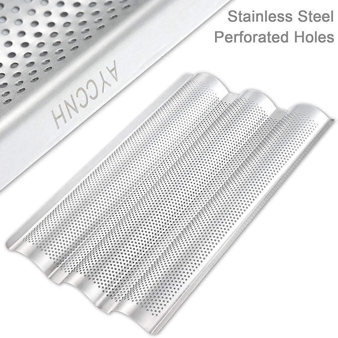 AYCCNH Stainless Steel Perforated French Baguette Bread Pan 3 Waves Toaster Oven Baking Tray (15"x10") with Large Bread Proofing Cloth (17.7" x 30.3")