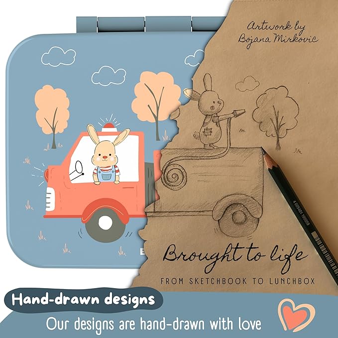 BEARFOOT Kids Lunch Box with Compartments – Compact & Lightweight | Leak-Proof, BPA-Free, Dishwasher Safe | Hand-Drawn Design for Preschool, School, Travel (Firetruck Bunnies Blue, 2.75 Cups)