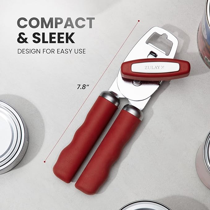 Zulay Kitchen Heavy Duty Stainless Steel Can Opener Manual with Bottle Opener - Rust Proof Manual Can Opener With Turn Knob & Comfy Soft Grip Handles - Red