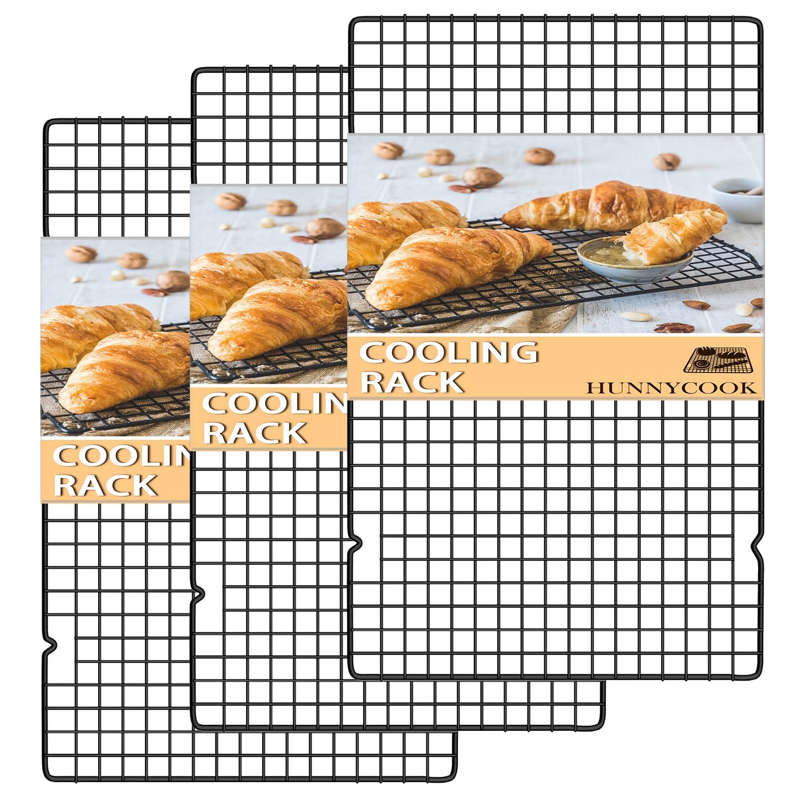 Hunnycook 15.8”×9.8” Cooling Rack, 3P Stainless Steel Baking Rack, Oven Safe Cooling Racks for Cooking and Baking, Black Roasting Rack & Wire Rack & Cookie Cooling Rack for Roasting, Grilling, Drying