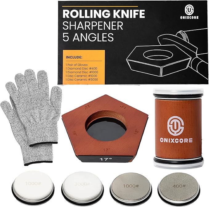 Rolling Knife Sharpener Kit, 5-Angle Magnetic Knife Sharpener Roller with 4 Diamond & Ceramic Discs, Gloves Included, Manual Guided Knife Sharpening Kit for Kitchen, Japanese, Pocket & Hunting Knives
