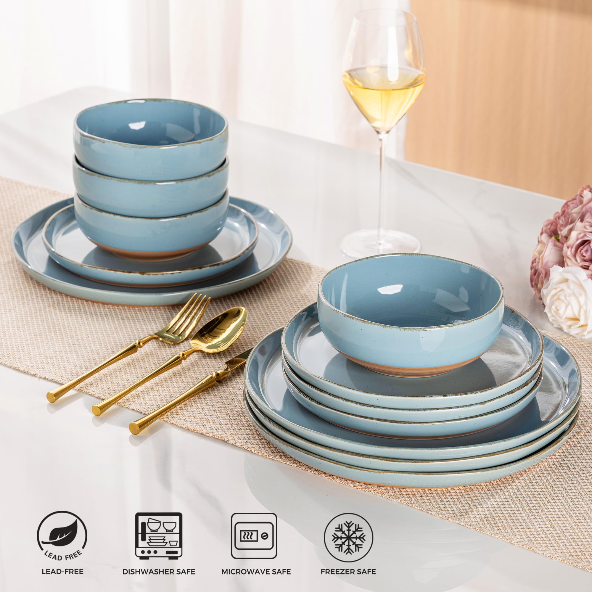 AmorArc Dinnerware Sets for 4, 12 Pieces Ceramic Plates and Bowls Set