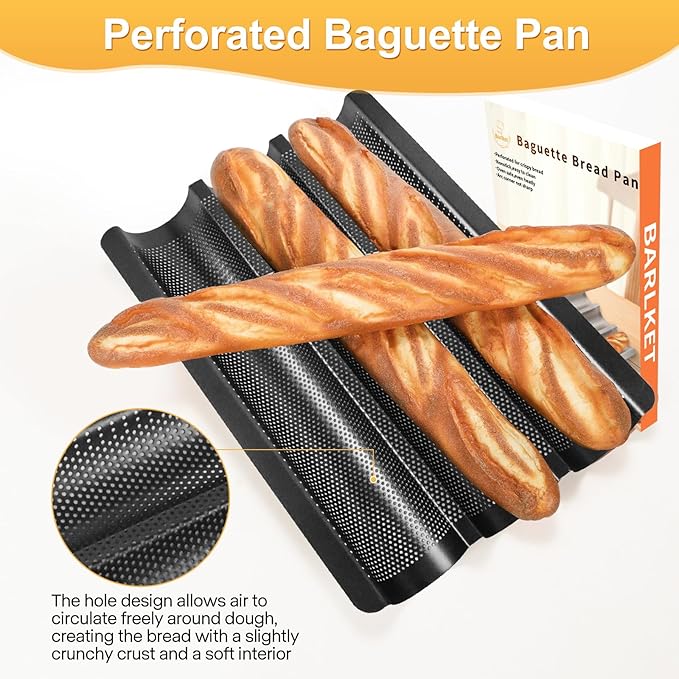 Barlket Baguette Bread Pan Kit, Perforated Nonstick 3 Loaf Bread Pan, Black