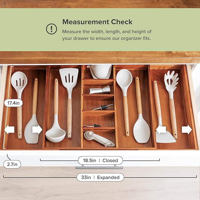 KitchenEdge Utensil & Junk Drawer Organizer, 18.5-33 in, Acacia