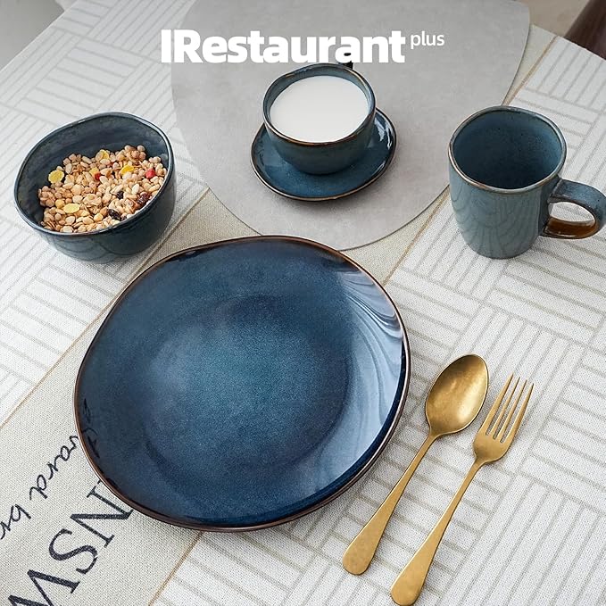 Organic Shape Highland Ceramic Coffee Cup and Saucer, 24pcs 8oz Handmade Reactive Glaze Stoneware Cup and Saucer with Wavy Edge, for Kitchen, Microwave & Dishwasher Safe, Scratch Resistant-Blue
