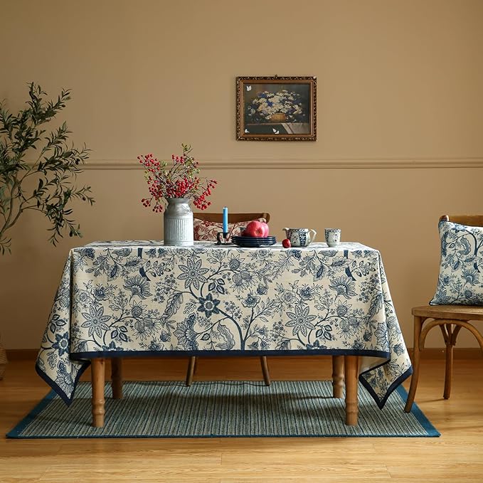 ISAENNE Designer Vintage Linen Rectangular Tablecloth,94"x63"-Ruyi B
