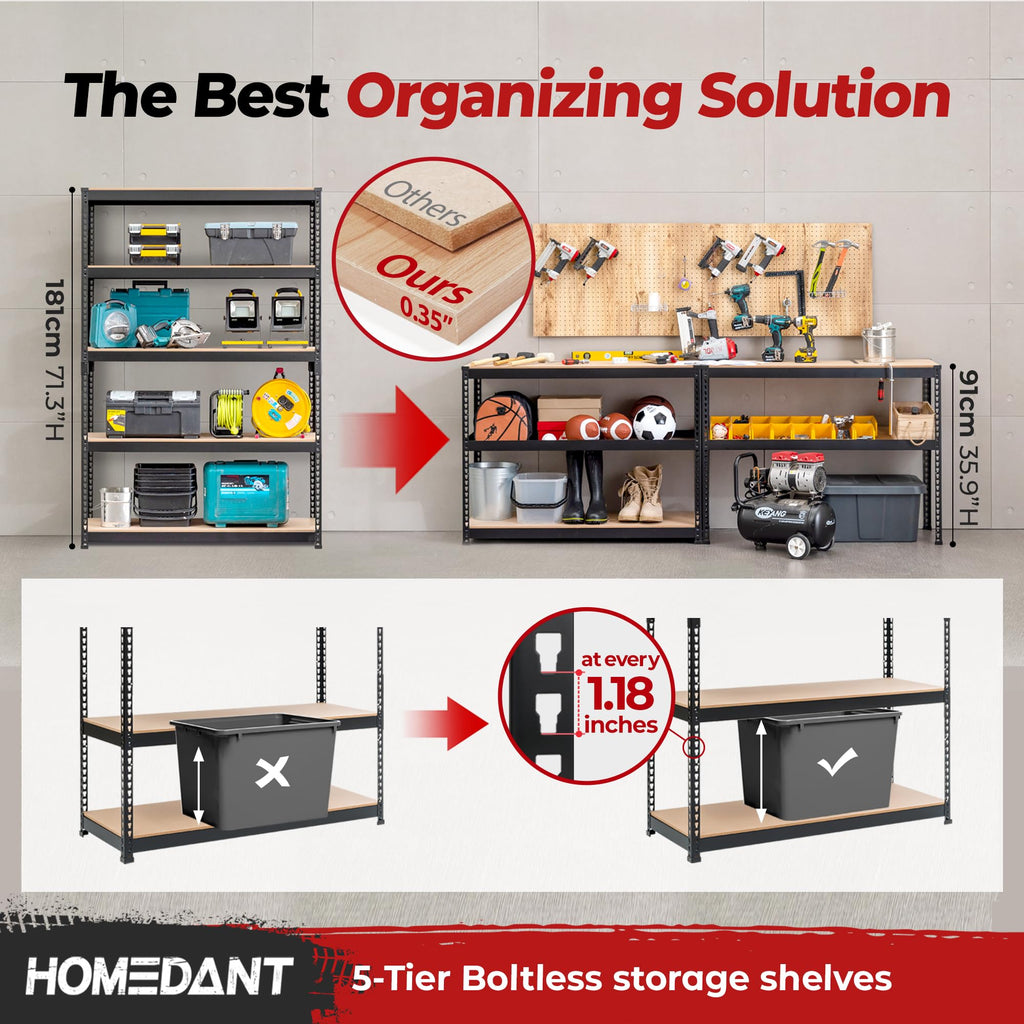 HOMEDANT 47.7" W 5 Tier Heavy Duty Garage Shelving Adjustable Metal Rack Storage Shelves Standing Shelf Unit Organizers Industrial Warehouse Basement Black 2Pack