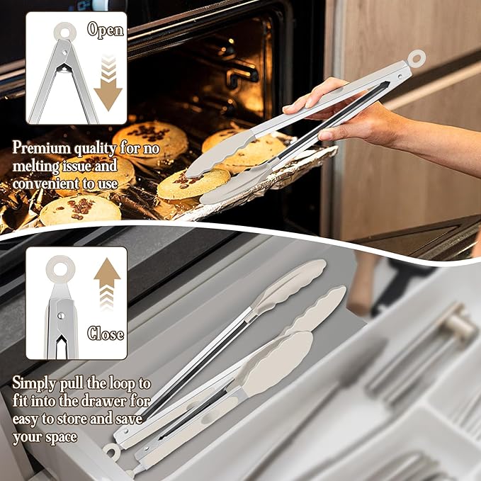 TeamFar Kitchen Tongs, 9"&12" Stainless Steel Heat Resistant Cooking Tongs