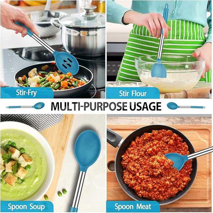 Pack of 2 Large Silicone Cooking Spoons, BPA Free Kitchen Scoops (Blue)