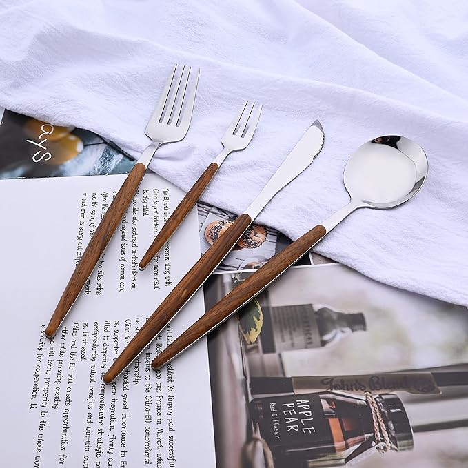 Uniturcky 16-Piece Silverware Set with Cake Fork, Silver Stainless Steel Flatware Cutlery, Eating Utensils with Wooden Effect Handle, Includes Knife, Fork, Spoon, Mirror Finish, Dishwasher Safe