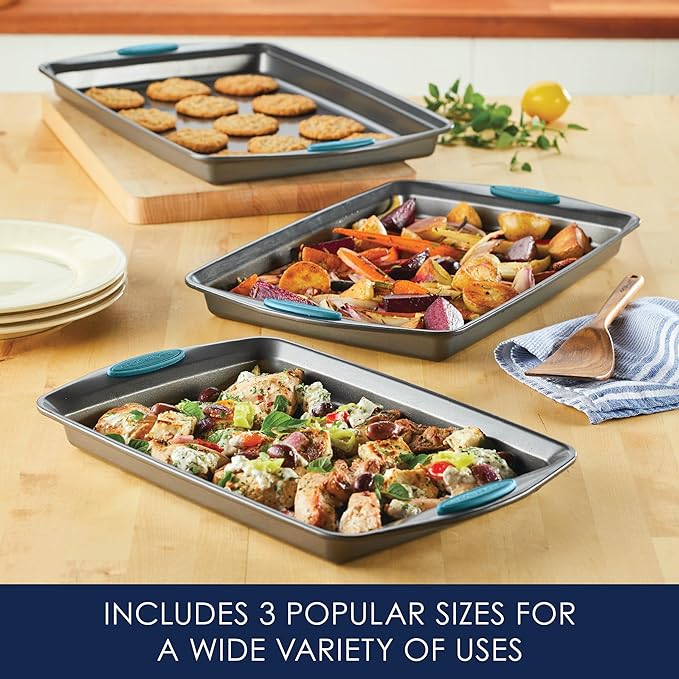 Rachael Ray Nonstick Baking Pans Set, 3-Piece Cookie Pan Bakeware, Gray with Agave Blue Silicone Grips