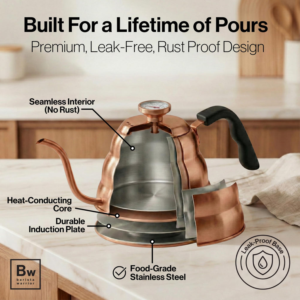 Barista Warrior Gooseneck Kettle with Built-In Thermometer for Pour Over Coffee & Tea - 1L Stainless Steel Kettle Stovetop Safe with Precision Spout - Copper Coated Stainless Steel