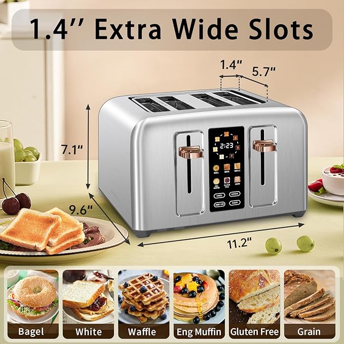 SEEDEEM Touchscreen Toaster 4 Slice, 7 Shade, Stainless, 1800W Silver Metallic