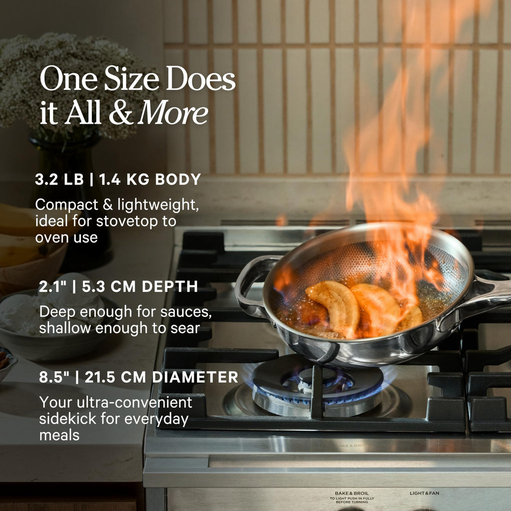 Our Place Mini Titanium Always Pan Pro | 8.5" PFAS-Free Nonstick Frying Pan with Spatula | Chef-Grade Tri-Ply Stainless Steel & Aluminum Build | Induction & Oven-Safe up to 1000°F | Chrome