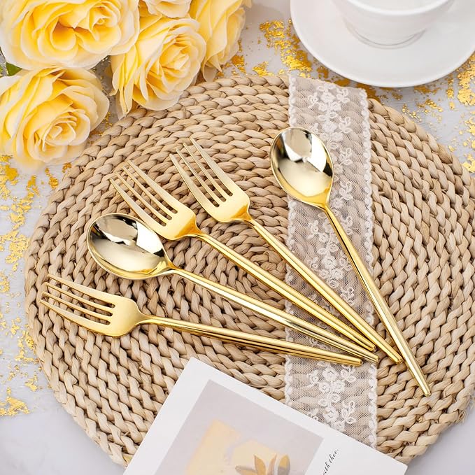 SUT 200PCS Plastic Forks and Spoons Heavy Duty Set, Gold Disposable Silverware, gold Cutlery, Disposable Utensils, Plastic Flatware Includes 100 Forks, 100 Spoons for Party