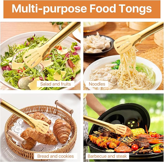 Gold Serving Tongs, 12.9 Inch Stainless Steel Salad Tongs, 6 Pack