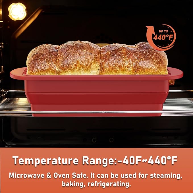2 Packs of Collapsible Silicone Bread Loaf Pan With Foldable Function and Metal Reinforced Frame,Rectangular Non-Stick Baking Mold Pans for Oven, Bread, Cake, Easy Release(9"x4"x2.5", Red, 2 Pieces)