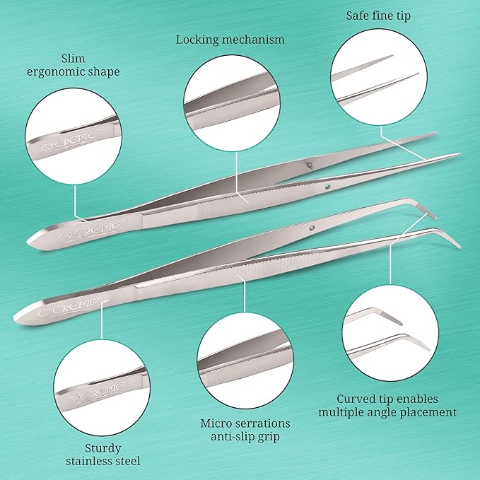 O'Creme Stainless Steel Tweezer Tongs, Curved & Straight 2-Pack