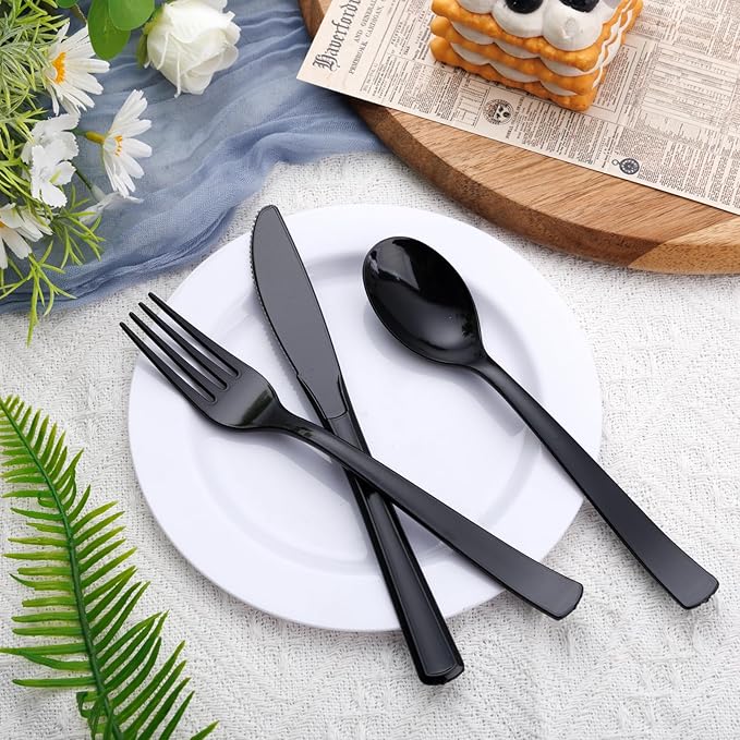 EI 360pcs Black Plastic Silverware,Disposable Cutlery,Plastic Silverware Heavy Duty,Plastic Spoons and Forks include 120pcs Forks,120pcs Spoons and 120pcs Knives,for Wedding,Graduation Decorations