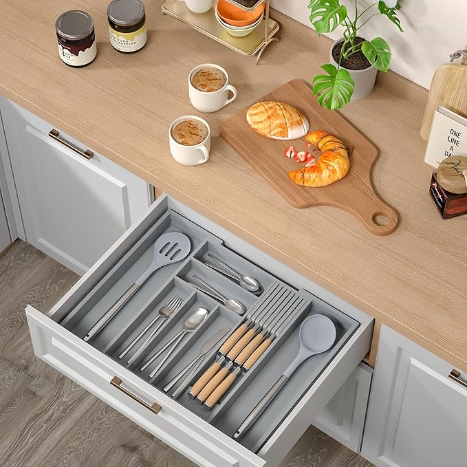 TIOPGHAD Expandable Bamboo Silverware Drawer Organizer Kitchen Tray, Grey