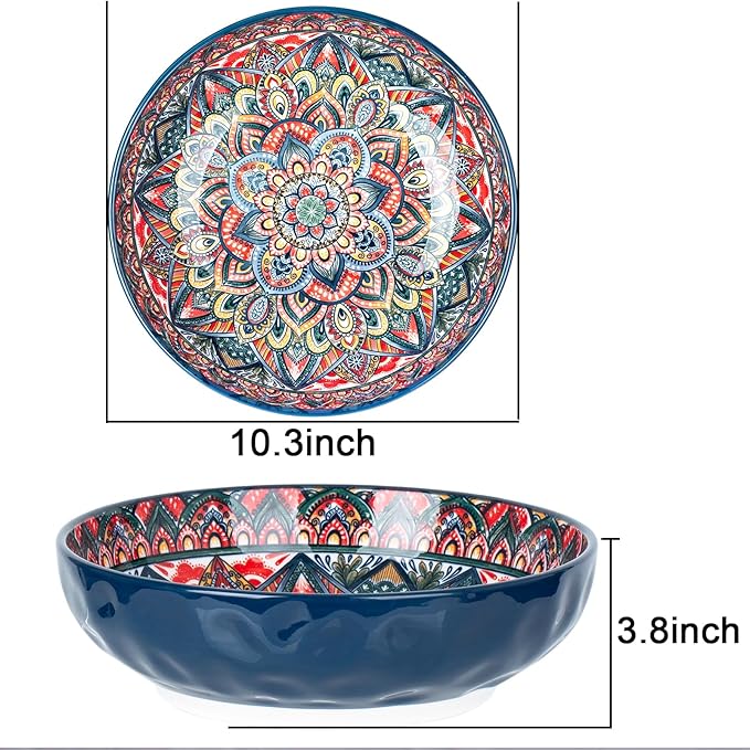 Ronanemon 75 Oz Serving Bowls,Bohemian Style Large Porcelain Dishes for Entertaining Parties,Big Bowls for Eating Soup, Salad, Pasta, Fruit, Chips, 10.3 Inch Diameter (blue.green)
