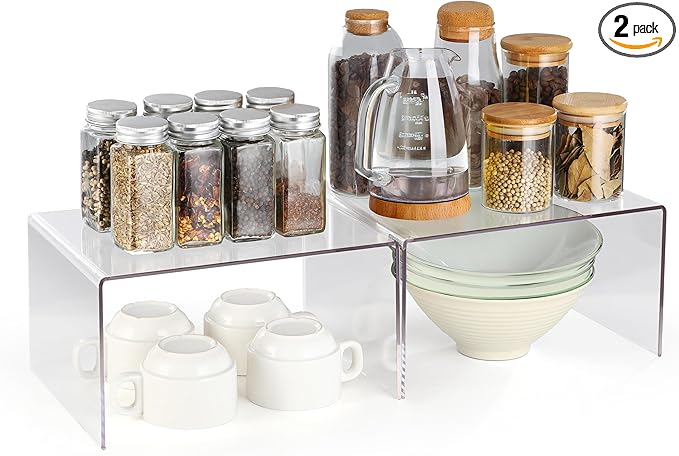 Clear Acrylic Cabinet Organizer Shelf 2Pcs, Stackable Cabinet Shelves, Dish Organizer for Cabinet, Kitchen Cabinet Organizer Riser, Pantry Cupboard Storage for Spice Bottles, Mugs, Small Plates & Jars