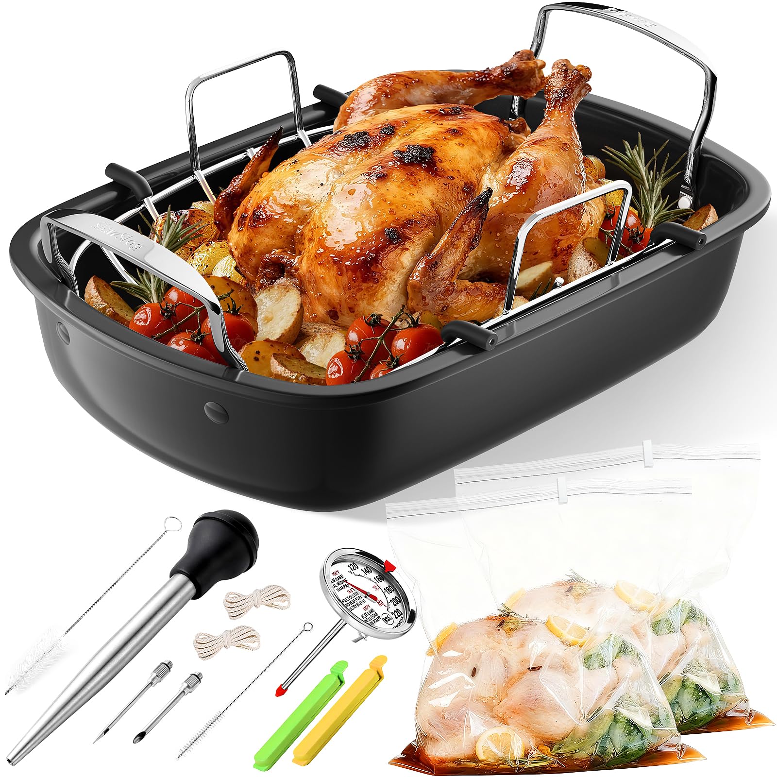 Turkey Roasting Pan, 17x13 Inch Roaster Pan for Turkey, Black&Silver