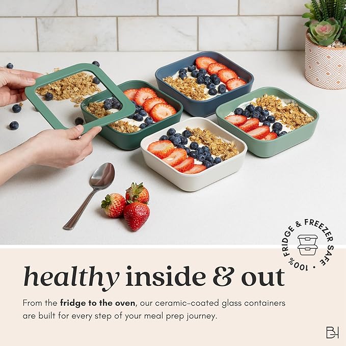 BRIVARA HOME Glass Food Storage Container with Lid, 5-Cup Medium Square | Microwave-Safe Airtight Lid, Oven-Safe Ceramic-Coated Glass | Zero Plastic, No PFAS/PFOA/BPA, Reusable [Pine]