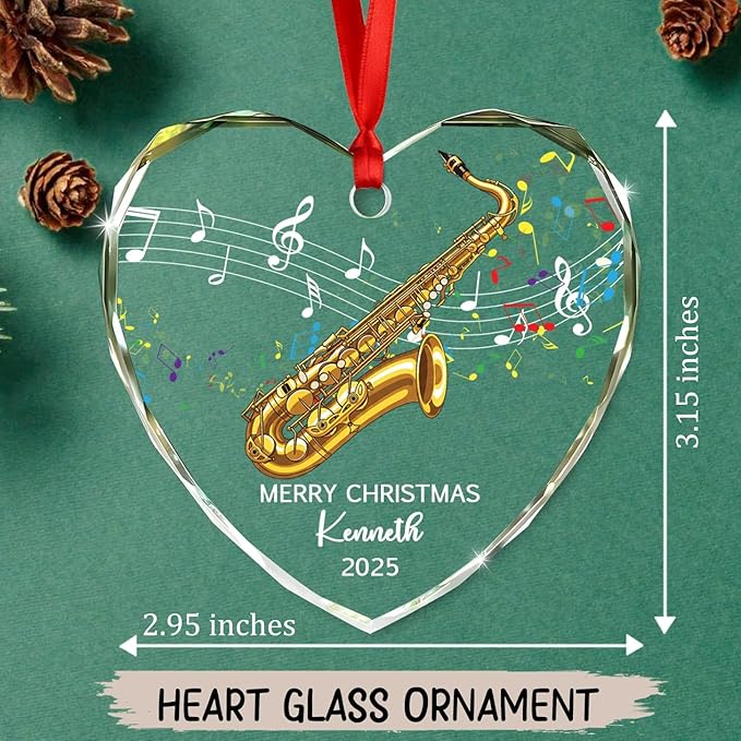 Personalized Text Year Name Saxophone Lover Glass Christmas Ornament 2026, Customized Saxophone Instrument Xmas Ornaments Gift for Brother Sister Dad Mom, Best Saxophonist Appreciation Glass Ornament