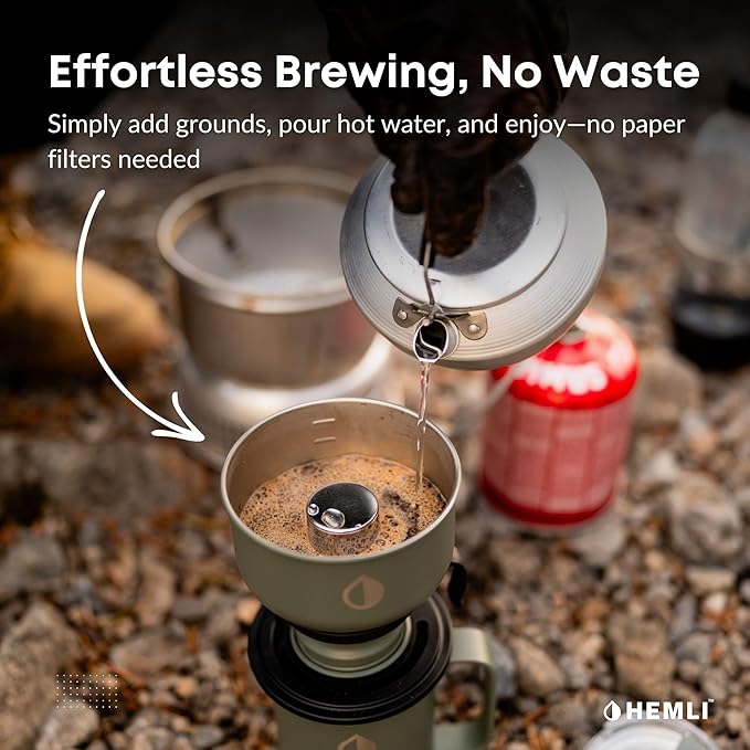 Hemli 16 oz Pour Over Camping Coffee Maker Set– Vacuum Insulated Mug with Leakproof Lid, Stainless Steel Micro Filter, Portable Coffee Maker for Camping, Travel & Outdoor Adventures