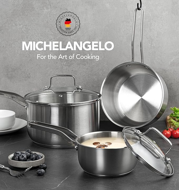 MICHELANGELO Stainless Steel Pots Set - 1QT & 2QT & 3QT Stainless Steel Sauce Pan with Lid, Induction Saucepan Set, Small Pots for Cooking - 6 Pcs
