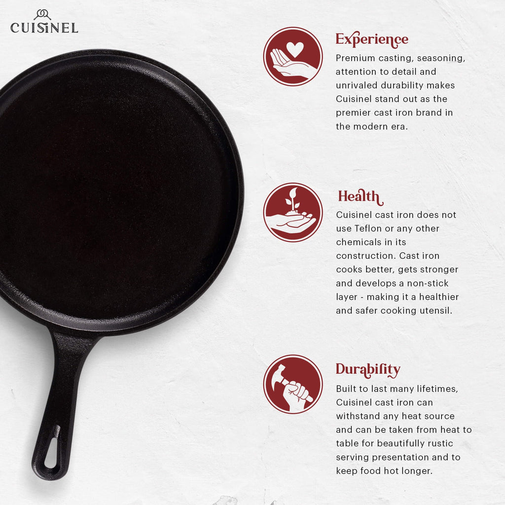 Cast Iron Round Griddle - 10.5”-Inch Crepe Maker Pan + Silicone Handle Cover - Pre-Seasoned Comal for Tortillas Flat Skillet - Dosa Tawa Roti Grill - Oven, Stovetop, BBQ, Fire, Smoker, Induction Safe