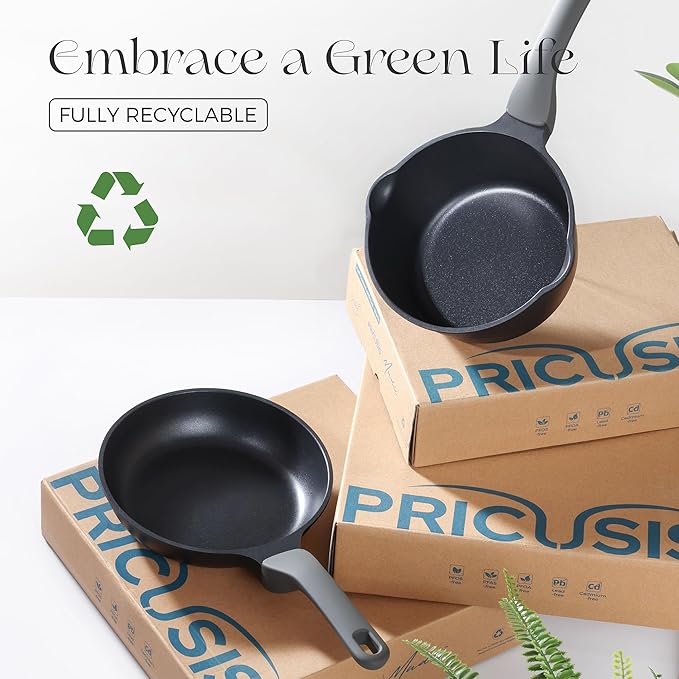 PRICUSIS Nonstick Saucepan with Lid, 2.7 Quart Non Toxic Pot with Pour Spouts, Full Coated, 100% Dishwasher Safe, Induction Compatible, PFOS & PFOA Free, Black Sesame