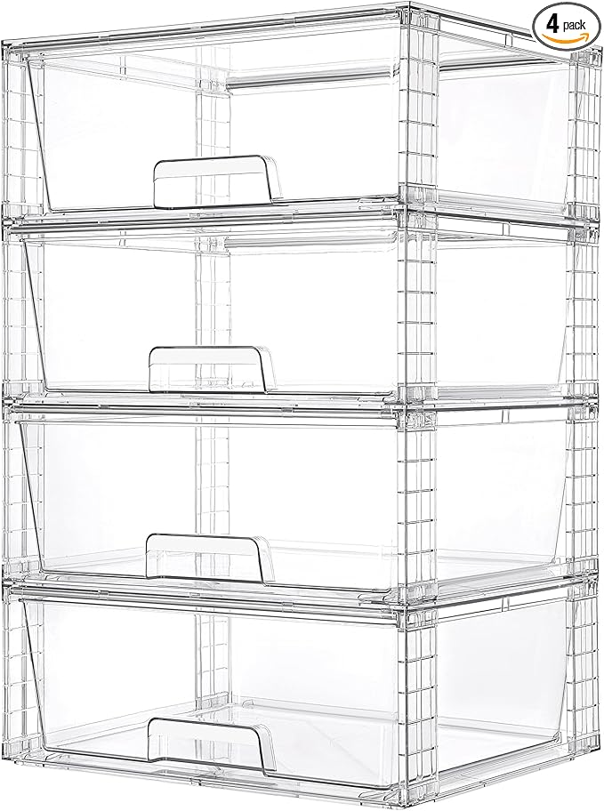 Vtopmart 4 Pack Large Clear Stackable Storage Drawers for Closet, Pantry